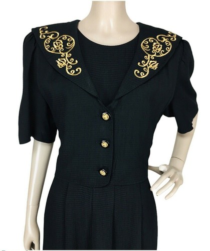 Vintage 80s Black Textured Gold Embroidered Collar Puff Half Sleeve Maxi Dress - Picture 5 of 11