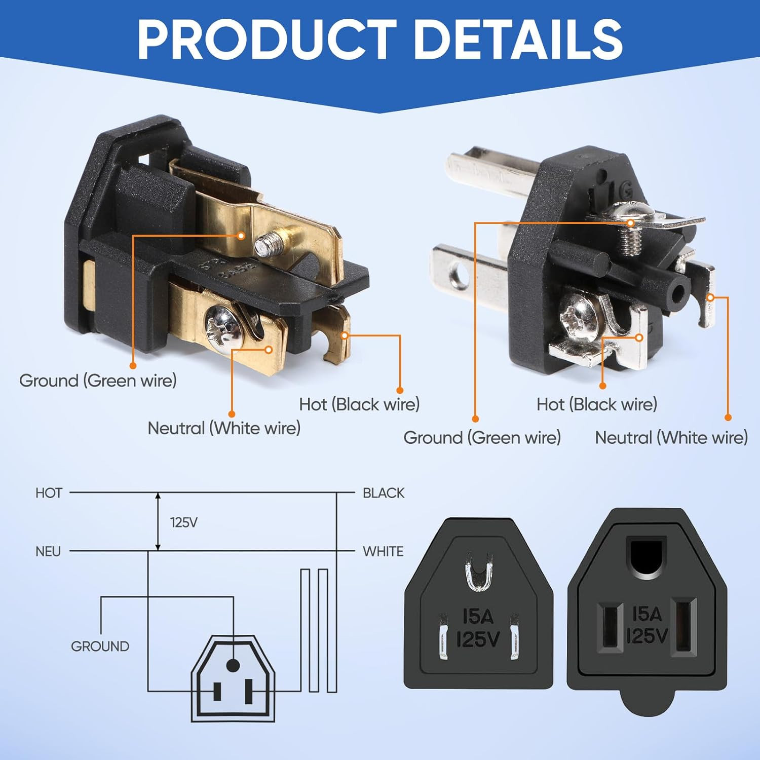 Extension Cord Repair Replacement Ends,Male and Female Electrical Plug Ends，Male