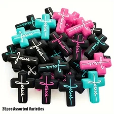 25pcs Christian Faith Jewelry Beads - Religious Cross Charms with Turquoise Blue