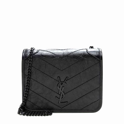 Saint Laurent Crinkled Calfskin Monogram Niki Shoulder Bag Chain Wallet Black
