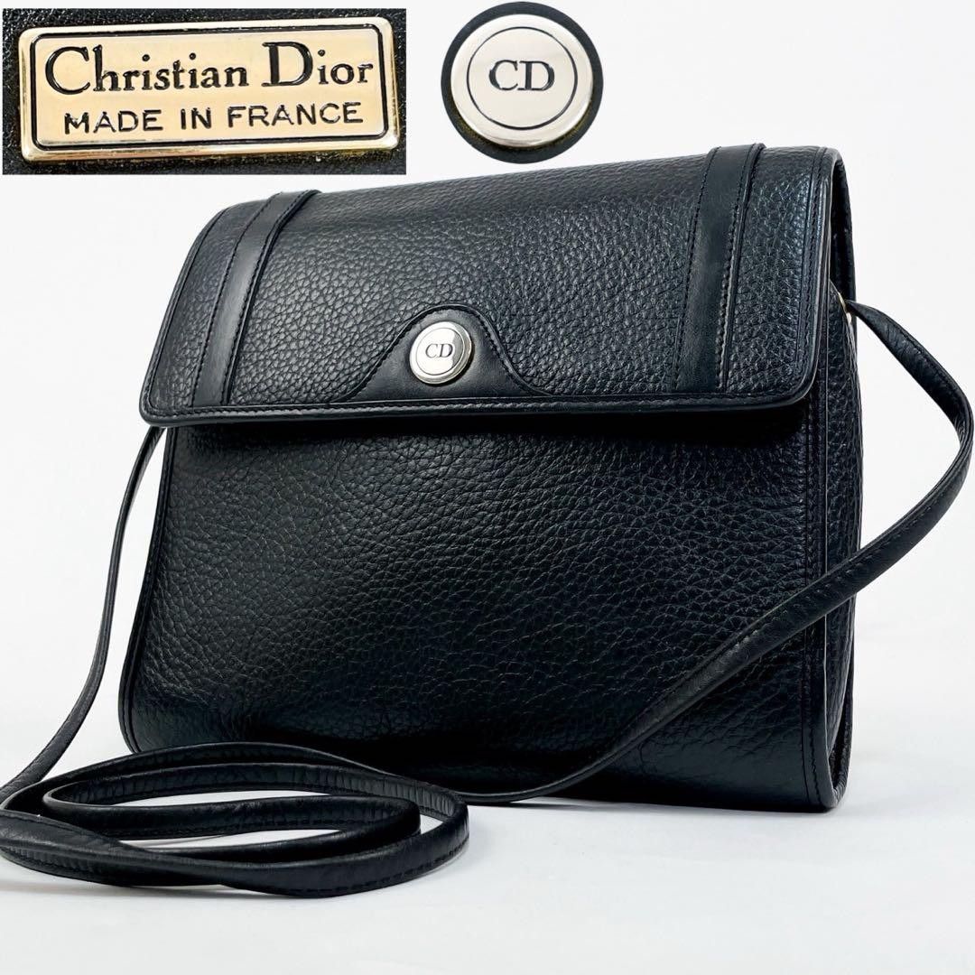 Vintage Christian Dior Black Leather Shoulder Bag with Logo Hardware  