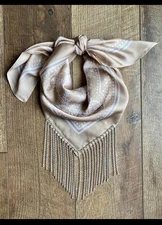 Champagne Silk Paisley Rhinestone Fringe Bandana Western Style Nashville Scarf 