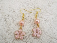 Goldtone Pink Bead Cherry Blossom Flower Pierced Earrings A59