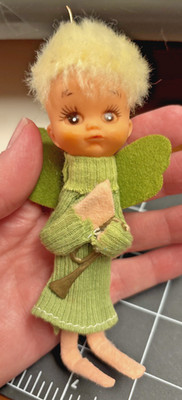 Vintage Xmas ornament blonde elf pixie w felt wings Japan knitted green dress 5''