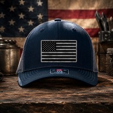Richardson 112 Navy Snapback Trucker Hat Laser Engraved American Flag Patch
