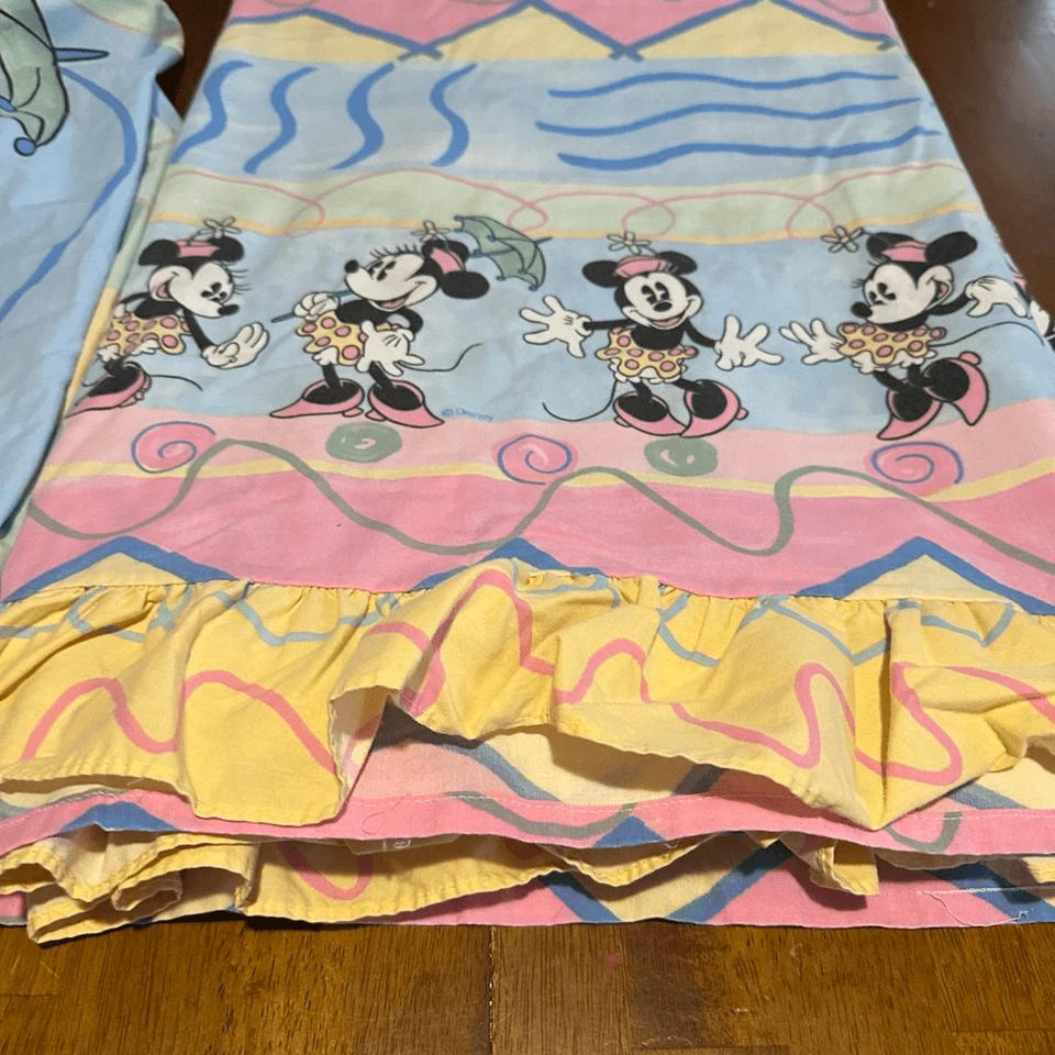 Vintage Disney Classic Pastel Minnie Mouse Twin Sheet Set Ruffles w Pillowcase - Image 2 of 4