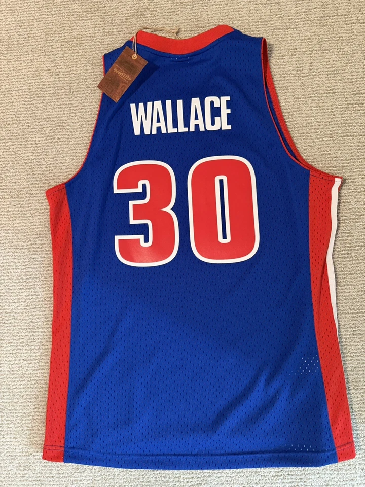 Camiseta deportiva grande Detroit Pistons Rasheed Wallace Mitchell & Ness NBA L azul roja nueva con etiquetas Foto 3 de 4