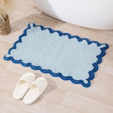 Small Blue Scalloped Bath Mat, Cute Plush Microfiber Scallop Bathroom Rugs Non
