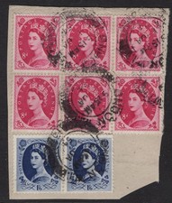 1953 8d TUDOR CROWN WATERMARK VERY FINE USED BLOCK OF 6. SG 525