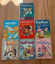 7 Vintage Little Golden Books Lot - Bugs Bunny Benji Top Cat and 3 Little Pigs