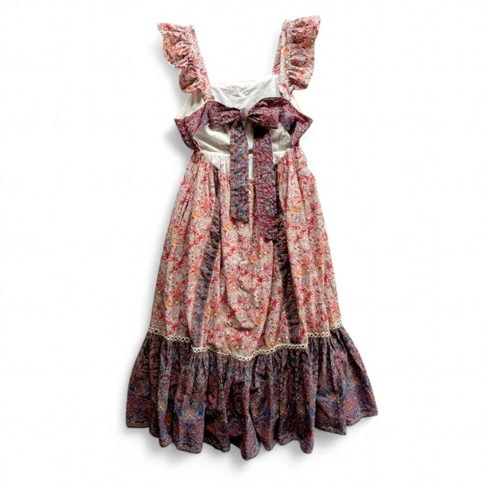 Haute Hippie Boho Cotton Paisley Ruffle Flutter Sleeve Maxi Dress Tie Back Sz 14 - Image 4 of 4