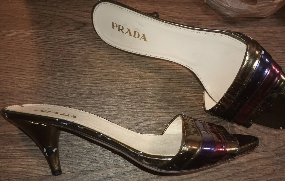 Prada GOLD MultiColor Stripe Metallic Foil Kitten Heels EU 37 US 7 Italy AS IS