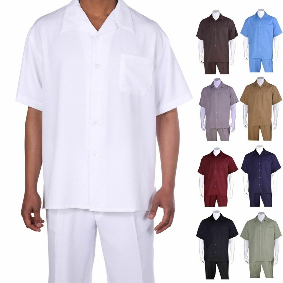New Mens 2pc Walking Suit Short Sleeve Casual Shirt and Pants Set - Blue main image 1