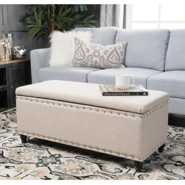 Fabric Ottoman Bench Elegant Tufted Beige Upholstered Top Living