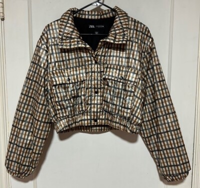   Zara Puffy Cropped Bomber Jacket MEDIUM - Plaid / Checker / Tan / Brown