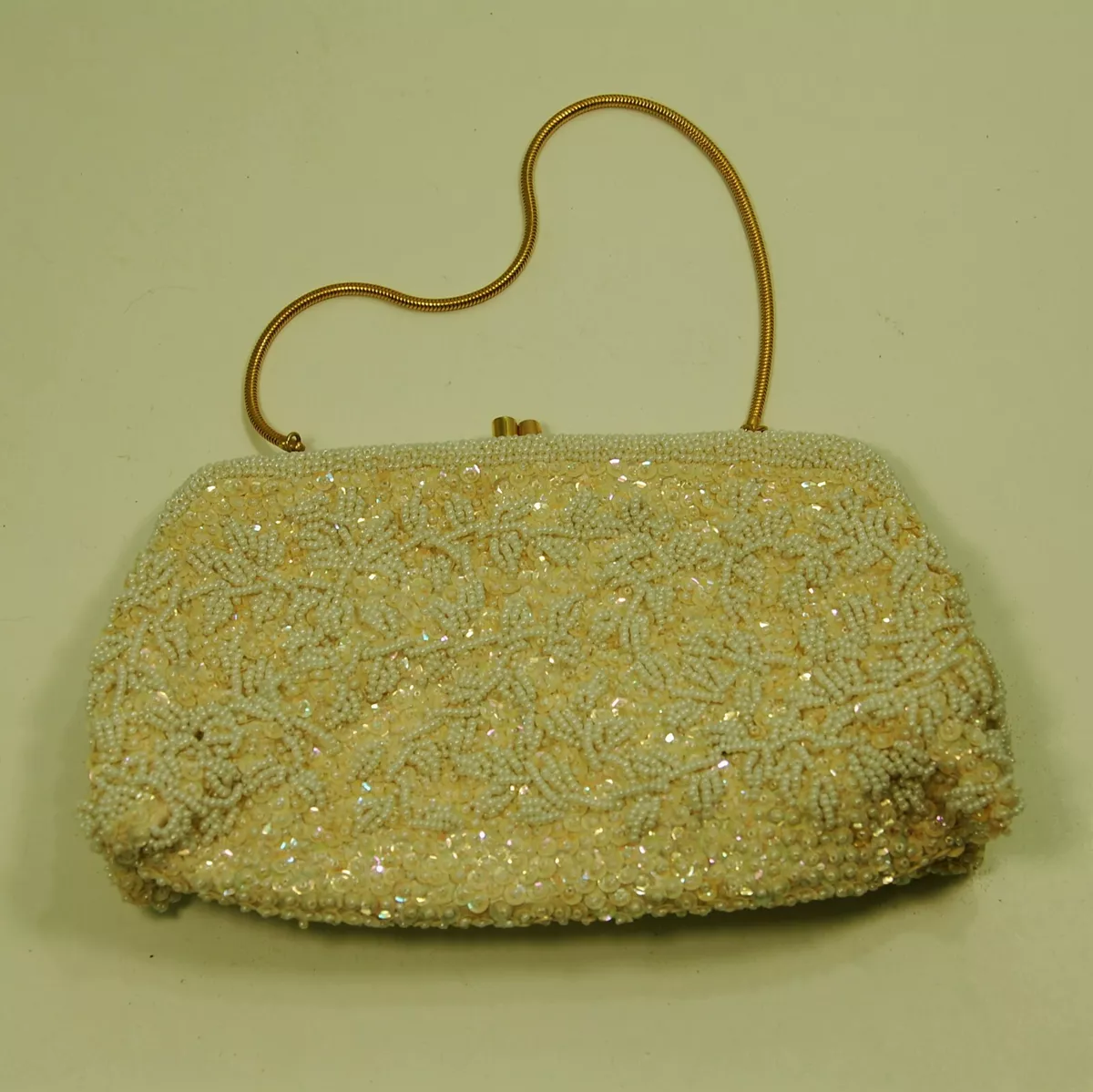 * VINTAGE 1960s LA REGALE HONG KONG HAND MADE HEAVILY BEADED & SPARKLING  SEQUIN FLORAL EVENING BAG / EVENING PURSE