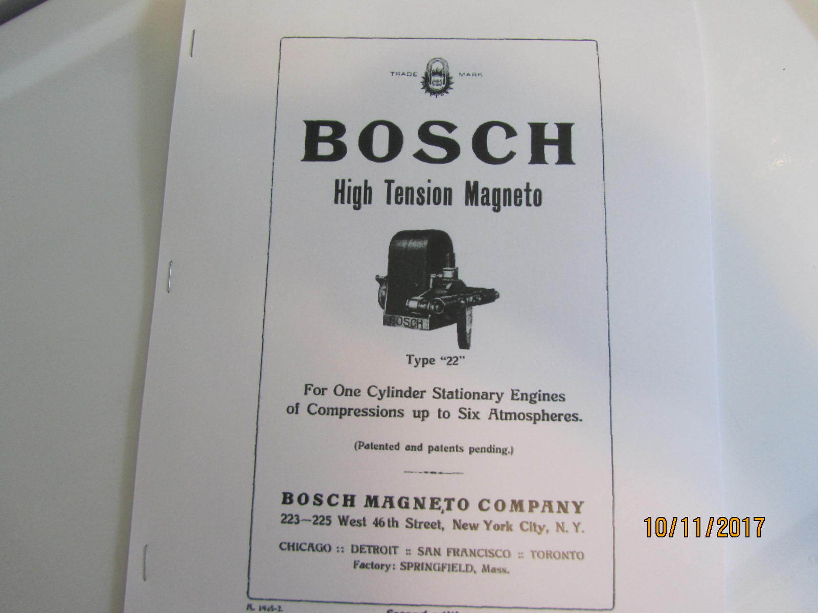 Bosch Type 22 High Tension Magneto Instructions, parts list, Care and Operation