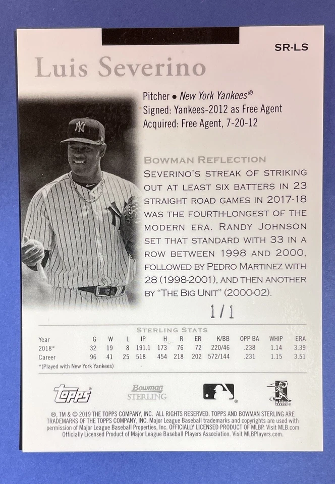 2019 Bowman Sterling, Luis Severino, Retrospect SuperFractor 1 of 1, # SR-LS - Image 2 of 2