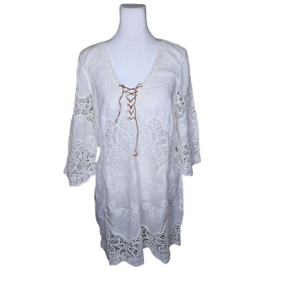 Vintage 70s Gauze Crochet Boho Hippie Lace Up Tunic Dress Womens XL White |  eBay