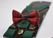 Xmas Christmas Red Green Gold Tartan Bow tie bowtie Green Elasitc Suspenders