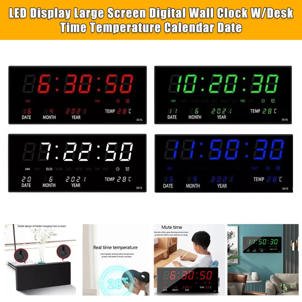 Led Digital Electronic Clock Calendar Temperature Wall Clock Bedroom Office USB - Image 2 of 4