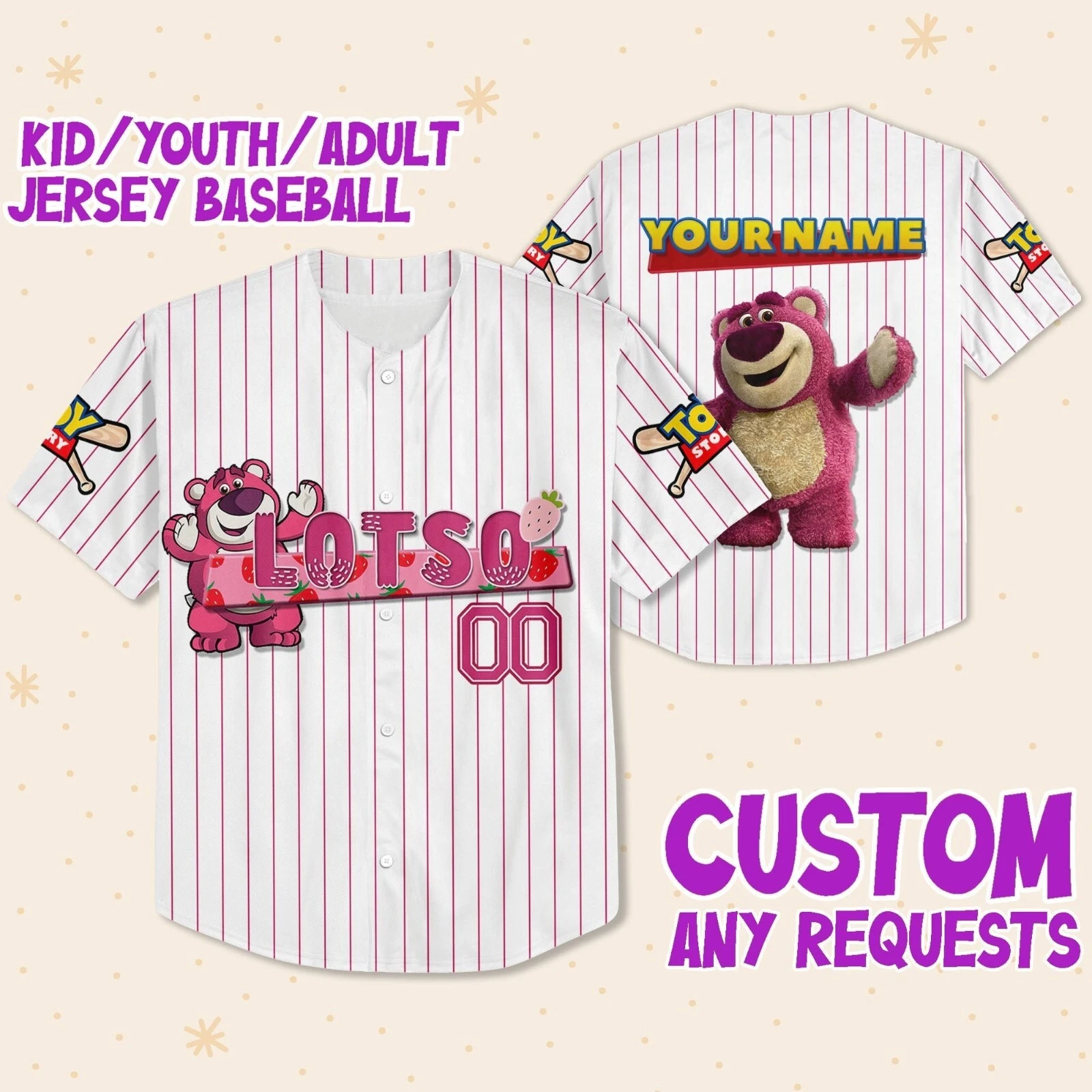 Lotso Pink Jersey, Custom Disney Jersey, Matching Baseball Jersey