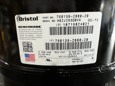 H82J263DBVA 2.5 TON BRISTOL COMPRESSOR, 380-460/60-50/3 R-410