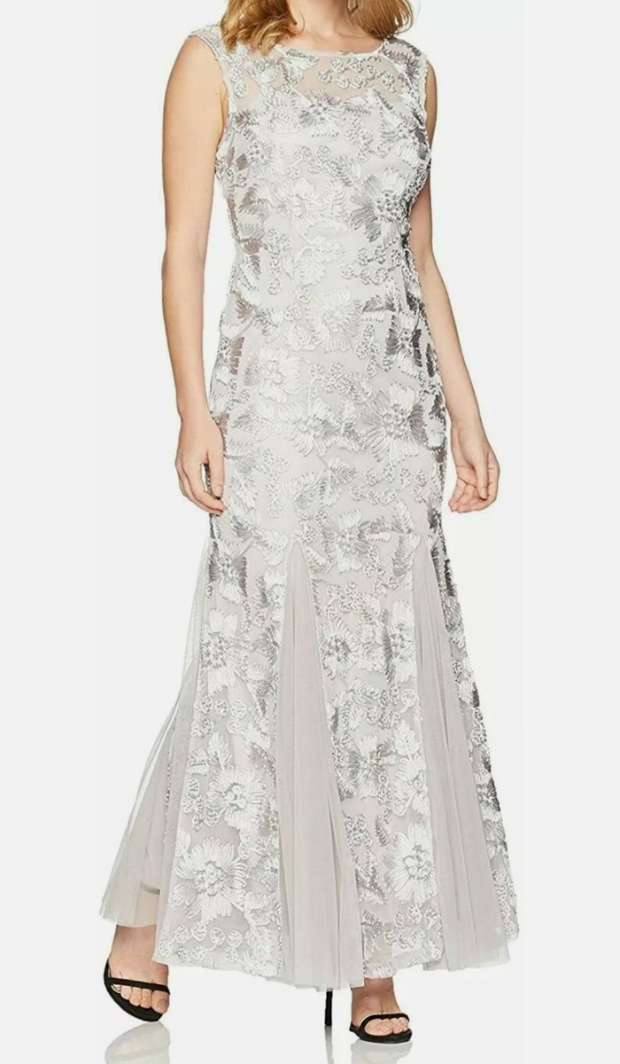 alex evenings women's long fit and flare dress godet detail STUNNING! Alex Evenings Long Fit & Flare Godet Detail Dress PLATINUM Silver  Sz 6