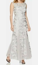 STUNNING Alex Evenings Long Fit Flare Godet Detail Dress PLATINUM Silver Sz 6