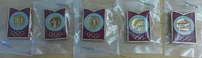 Pick 1 OLYMPIC 1980 PIN RED BADGE Basketball Gymnastic Weightlift Equest