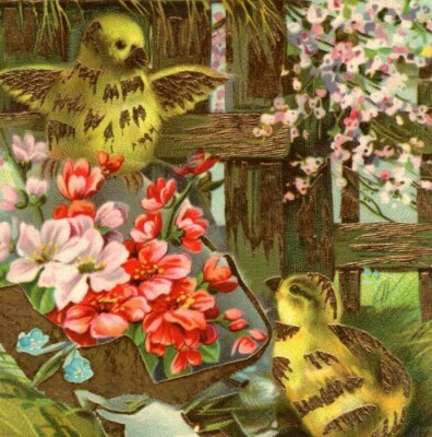 c.1910 Easter Greetings Postcard Two Chicks Birds Egg Hatching Flowers Gold Foil