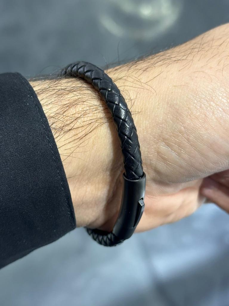 Black Braided Leather Men's Snap In Lock Stainless Steel Stackable