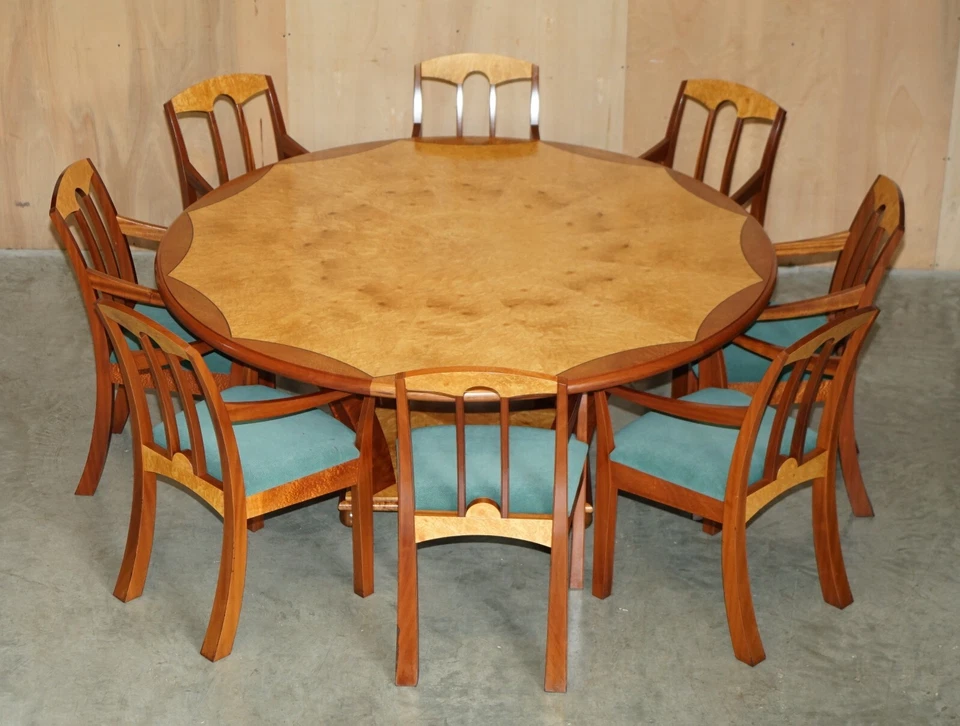 ORIGINAL ANDREW VARAH BURR WALNUT & AMBOYNA WOOD ROUND DINING TABLE & CHAIRS SET - Image 2 of 4
