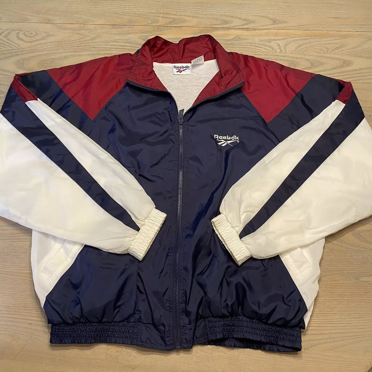 Vintage 90s Reebok Nylon Track Jacket Lined Mens L Red White & Blue Full  Zip EUC