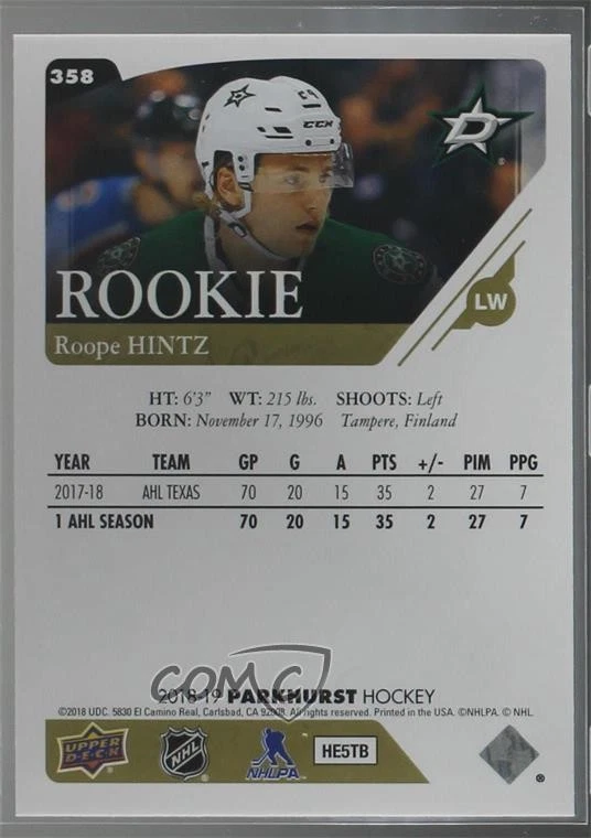 2018-19 Upper Deck Parkhurst Rookies Gold Roope Hintz #358 Rookie RC - Image 2 of 2