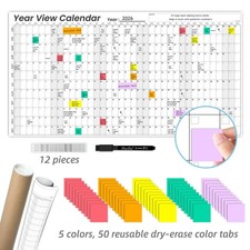 Large Dry Erase Wall Calendar 24x45 Inch Undated 12Month Yearly With 50 Tabs