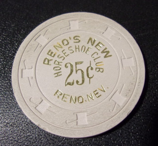 RENO'S NEW HORSESHOE CLUB CASINO 25¢ hotel casino gaming poker chip Reno NV