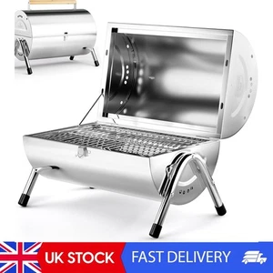 Portable Charcoal BBQ Grill – Half Barrel Stainless Steel With Wooden Handle -