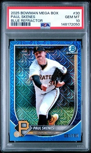 2025 BOWMAN MEGA BOX CHROME #30 PAUL SKENES BLUE REFRACTOR /150 PSA 10 GEM MINT