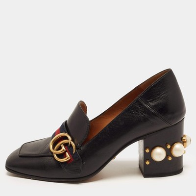 Gucci GG Peyton Size 38 Black Leather Pearl Stud Embellished Block Heel Pumps