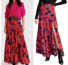 Veronica Beard Red Poppy Floral Serence Maxi Skirt Size 16 Silk Flowy