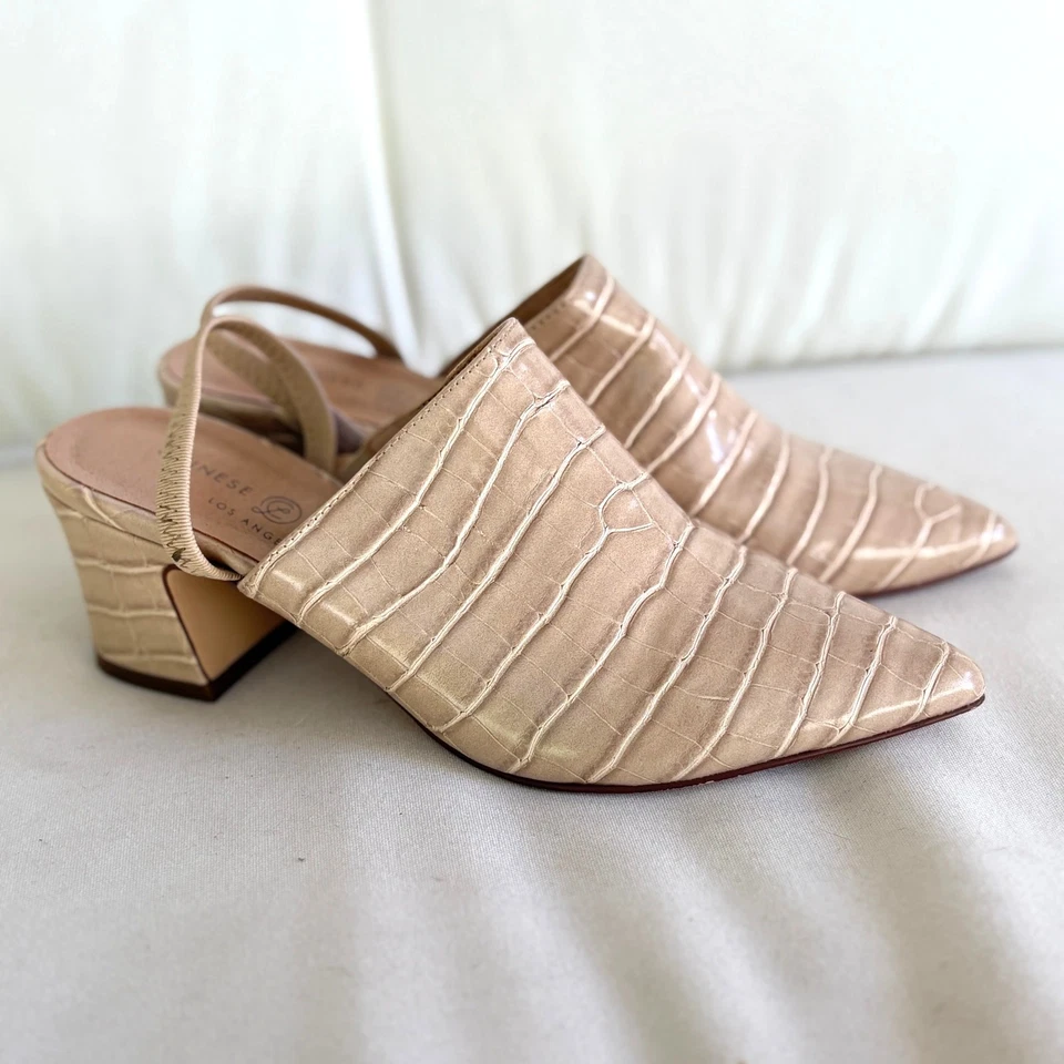 Chinese Laundry Slingback Mules 7 Heels Croc Tan Beige Academia Prep  - Image 2 of 4