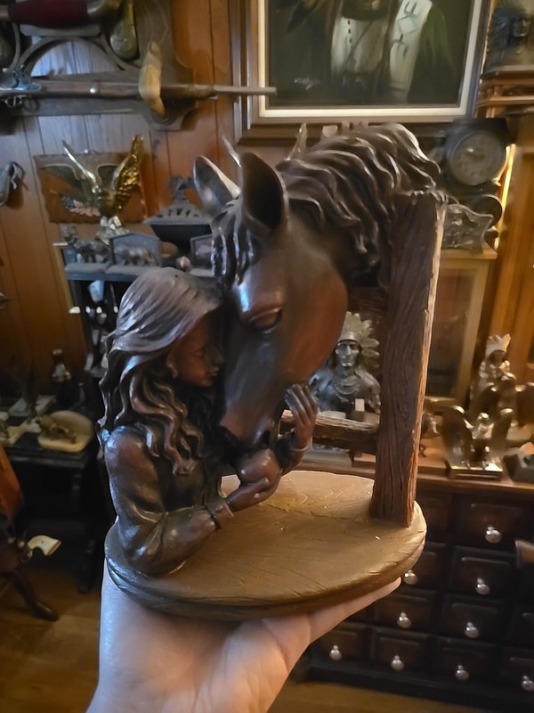 Hand Carved Wooden Horse with Woman Sculpture