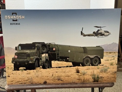 Oshkosh Defense HEMITT FUEL TANKER and HELICOPTER Picture, 35”x 23”, VGC