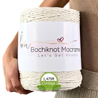 BOCHIKNOT 4mm x 495yds Single Strand Macrame Cord Recycled Cotton Rope