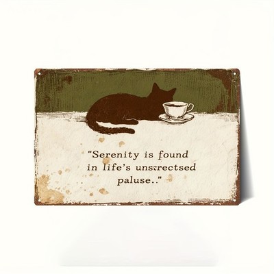 Vintage Cat Tea Cup ''Serenity'' Metal Art Sign Rustic Cafe Iron Painting Decor