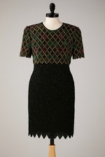 Vintage 80s Black Silk Sequins Beaded Evening Cocktail Dress Sz 10