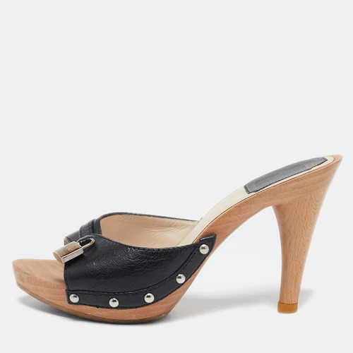 Sandales Dior cuir noir serrure sabot bois glissière pointure 36