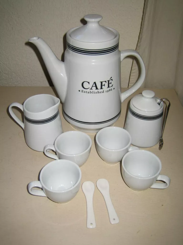 Pottery Barn Cafe Collection Coffee Pot 6 Cup White Black Creamer