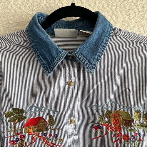 Basic Editions Women's Vintage Denim Collar Barn Embroidery Shirt Size Medium - Picture 5 of 10